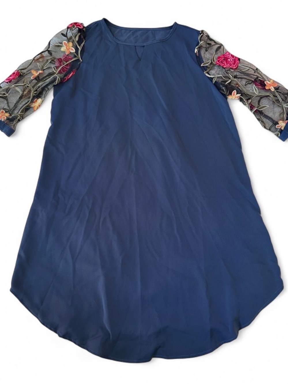 Women’s Navy Midi Dress with Floral Embroidered Sheer Sleeves